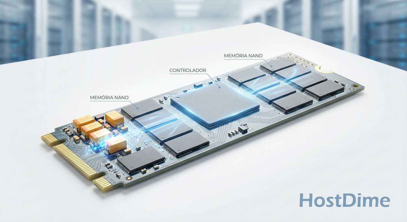 Diagrama técnico demonstrando o efeito da Amplificação de Escrita (WAF), onde pequenas solicitações do host geram grandes ciclos de reescrita interna no NAND.