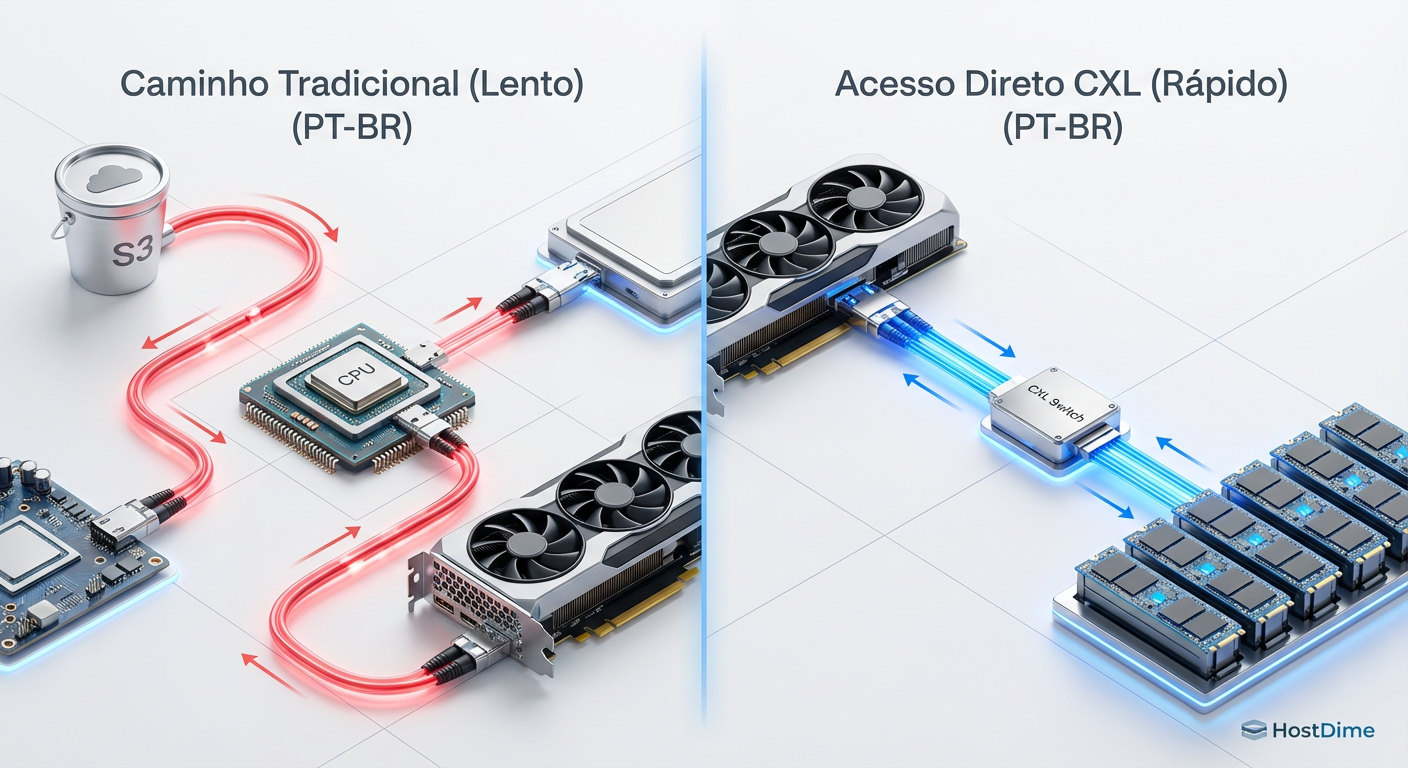 Fig. 1: A eliminação do 'CPU Bounce' na arquitetura CXL 3.1 reduz a latência em ordens de grandeza.