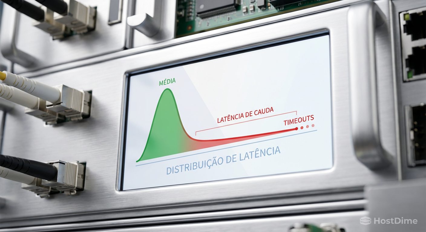 Histograma de distribuição de latência demonstrando como a média (pico verde) mascara a latência de cauda (extensão vermelha à direita), onde ocorrem os timeouts.