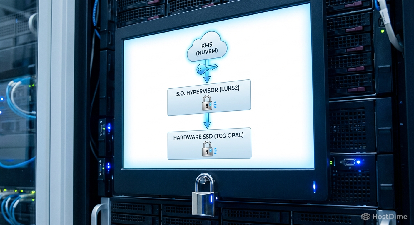 Diagrama de arquitetura de criptografia híbrida, mostrando a camada de software (LUKS2) sobreposta à camada de hardware (TCG Opal).