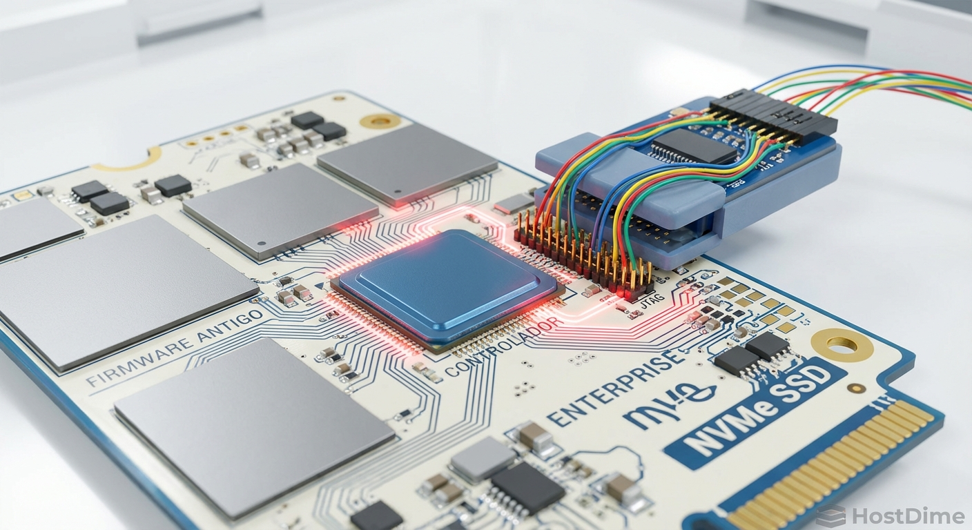 Ilustração técnica de uma interface de debug conectada fisicamente ao controlador de um SSD NVMe para injeção de firmware legado.