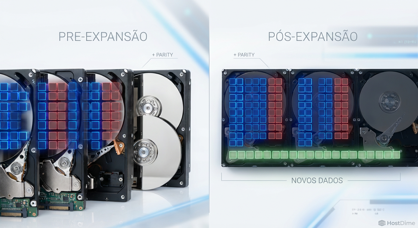 Visualização da Alocação de Blocos: Note como os dados antigos (Azul) ignoram o novo disco, mantendo a ineficiência original.