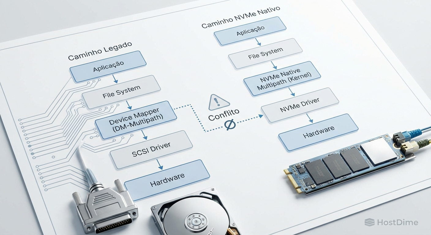 O conflito arquitetural: a camada extra do Device Mapper adiciona latência e complexidade onde o driver nativo busca acesso direto.