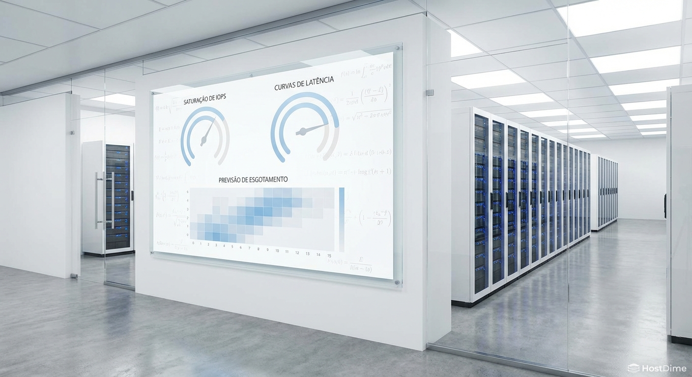Painel de controle preditivo correlacionando saturação de IOPS com o esgotamento de capacidade física.
