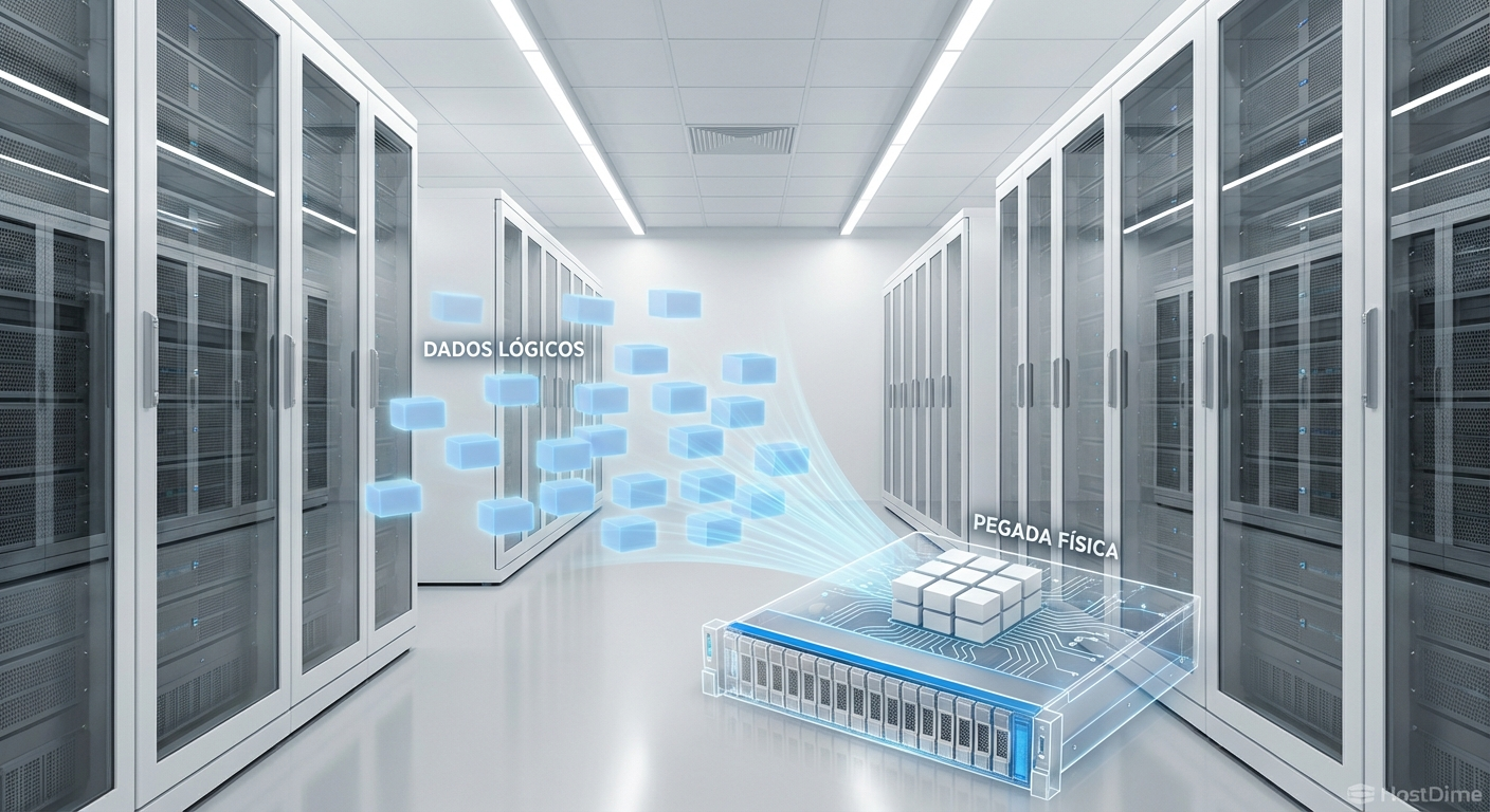Representação visual da diferença entre blocos lógicos alocados e o espaço físico real após desduplicação.