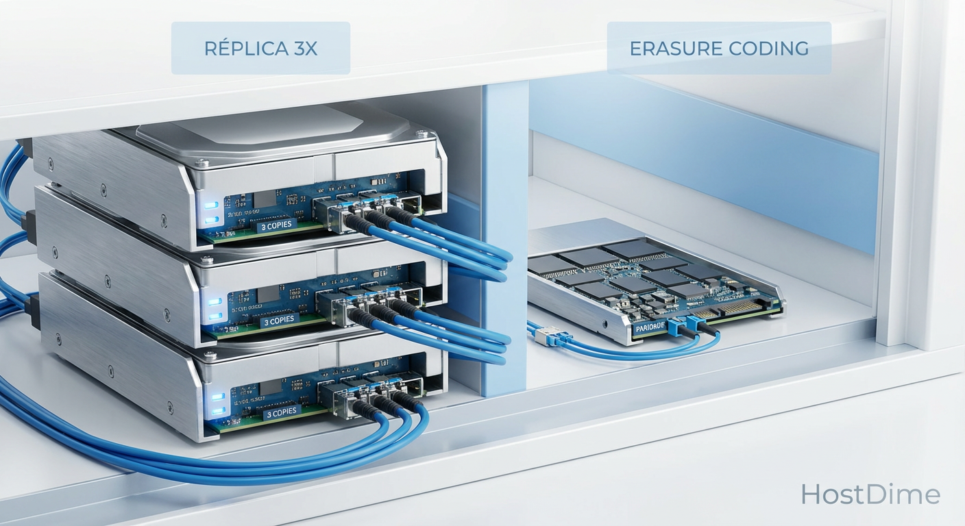 Comparativo visual do footprint físico: A ineficiência espacial da Réplica 3x contra a densidade otimizada do Erasure Coding.