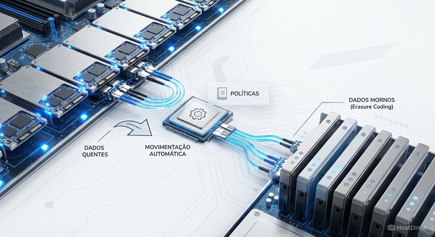 Diagrama de fluxo de dados em cluster híbrido: Movimentação automática de dados quentes (Réplica) para dados mornos (Erasure Coding) baseada em políticas.