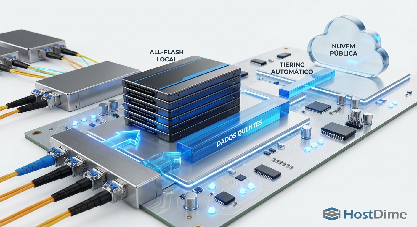 Diagrama de arquitetura de armazenamento híbrido demonstrando o fluxo de dados quentes em All-Flash local e tiering automático de dados frios para a nuvem pública.