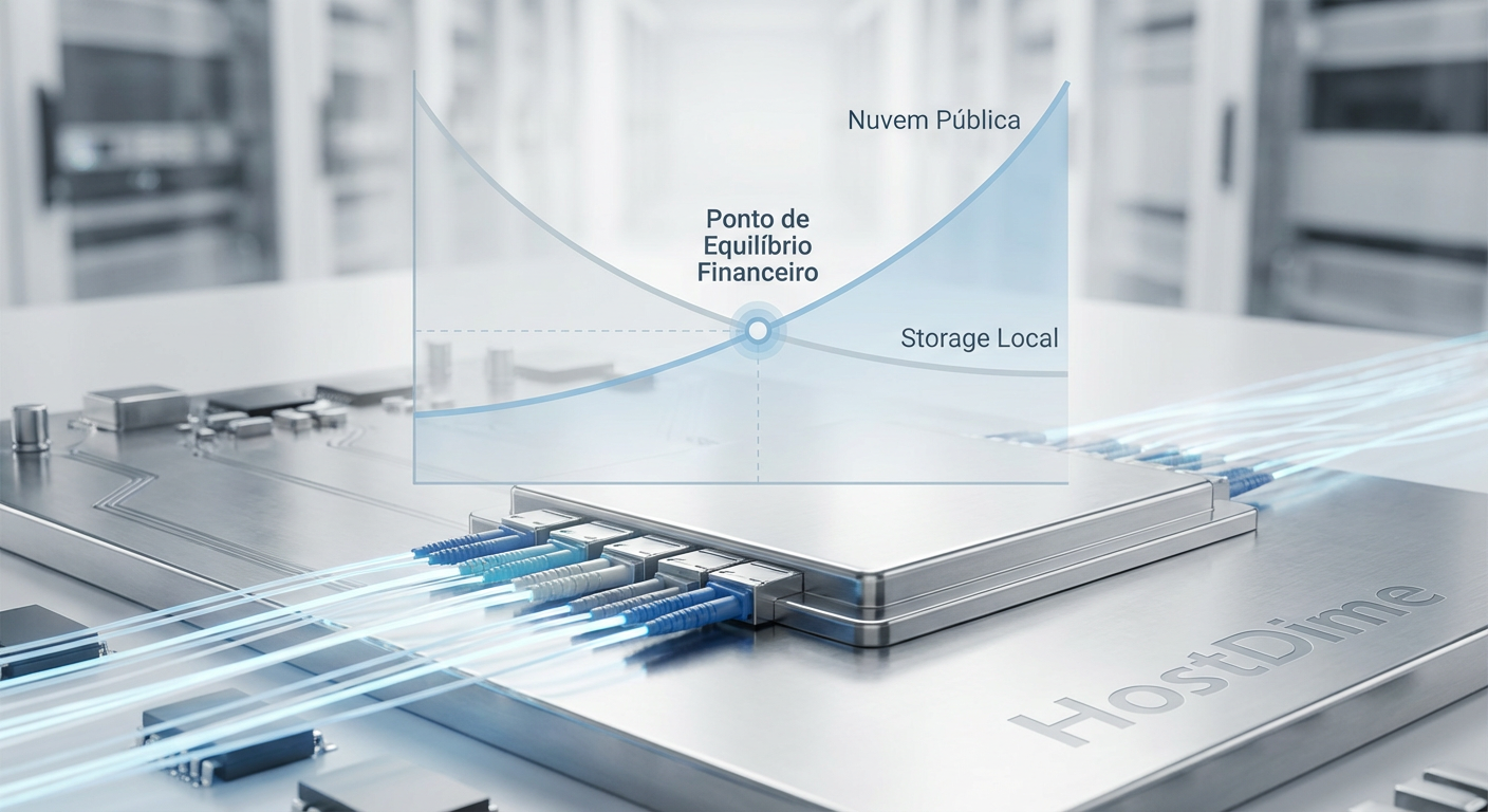 Gráfico de análise de TCO comparando o custo acumulado de nuvem pública versus storage local, destacando o ponto de equilíbrio financeiro.