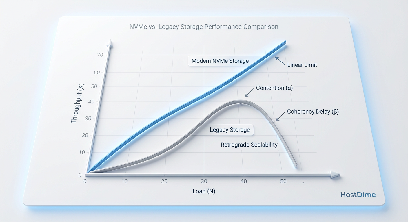 Fig. 1: A Lei da Escalabilidade Universal (USL) demonstrando o 'Retrograde Scaling'. Em hardware legado, o custo de coerência (β) causa degradação de performance sob carga, não apenas saturação.