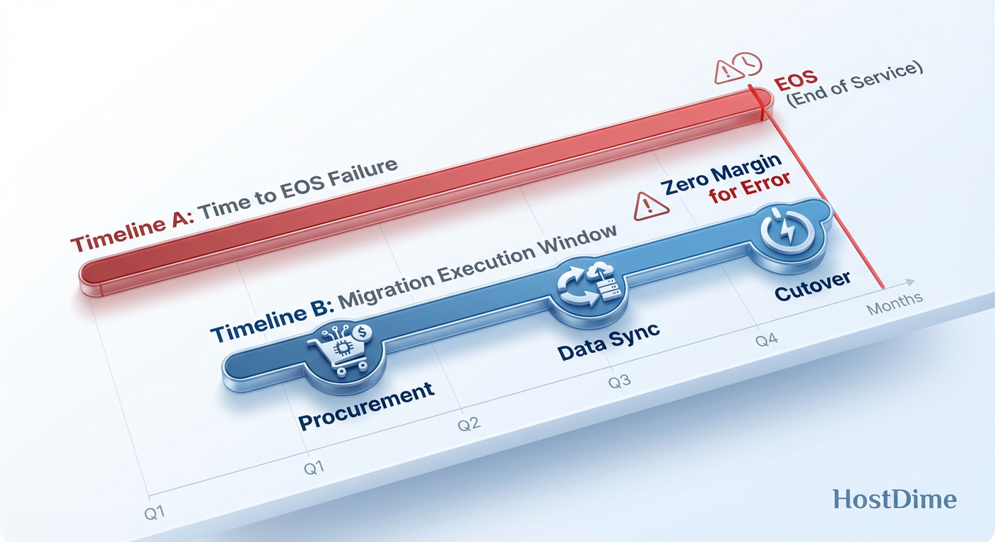 Fig. 3: O Horizonte de Eventos da Migração. O planejamento deve considerar a latência de aquisição e a física da transferência de dados, garantindo que o 'Cutover' ocorra antes da zona de perigo do EOS.
