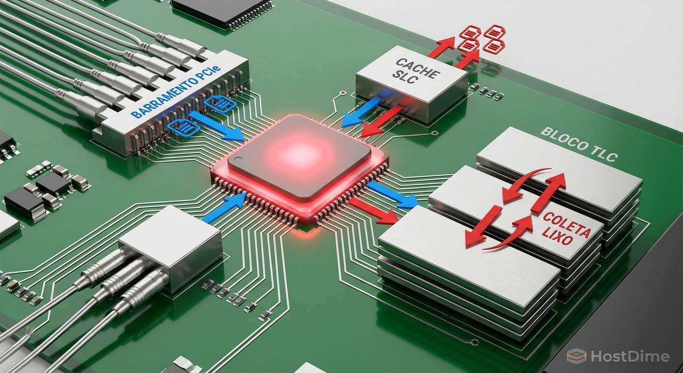 Diagrama do controlador NVMe lidando com o esgotamento do cache SLC e o Garbage Collection simultâneo.