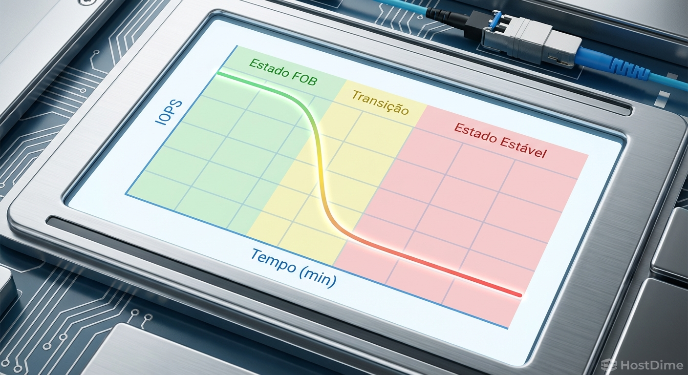 Gráfico ilustrando a queda drástica de IOPS do estado FOB para o estado estacionário.