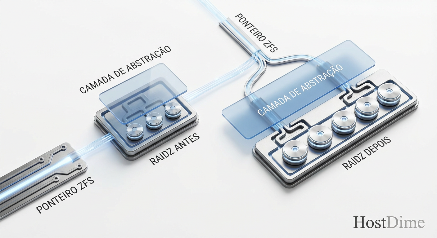 A abstração da expansão: O ponteiro lógico (acima) permanece inalterado, enquanto o mapeamento físico (abaixo) redistribui os dados para incluir o novo dispositivo.