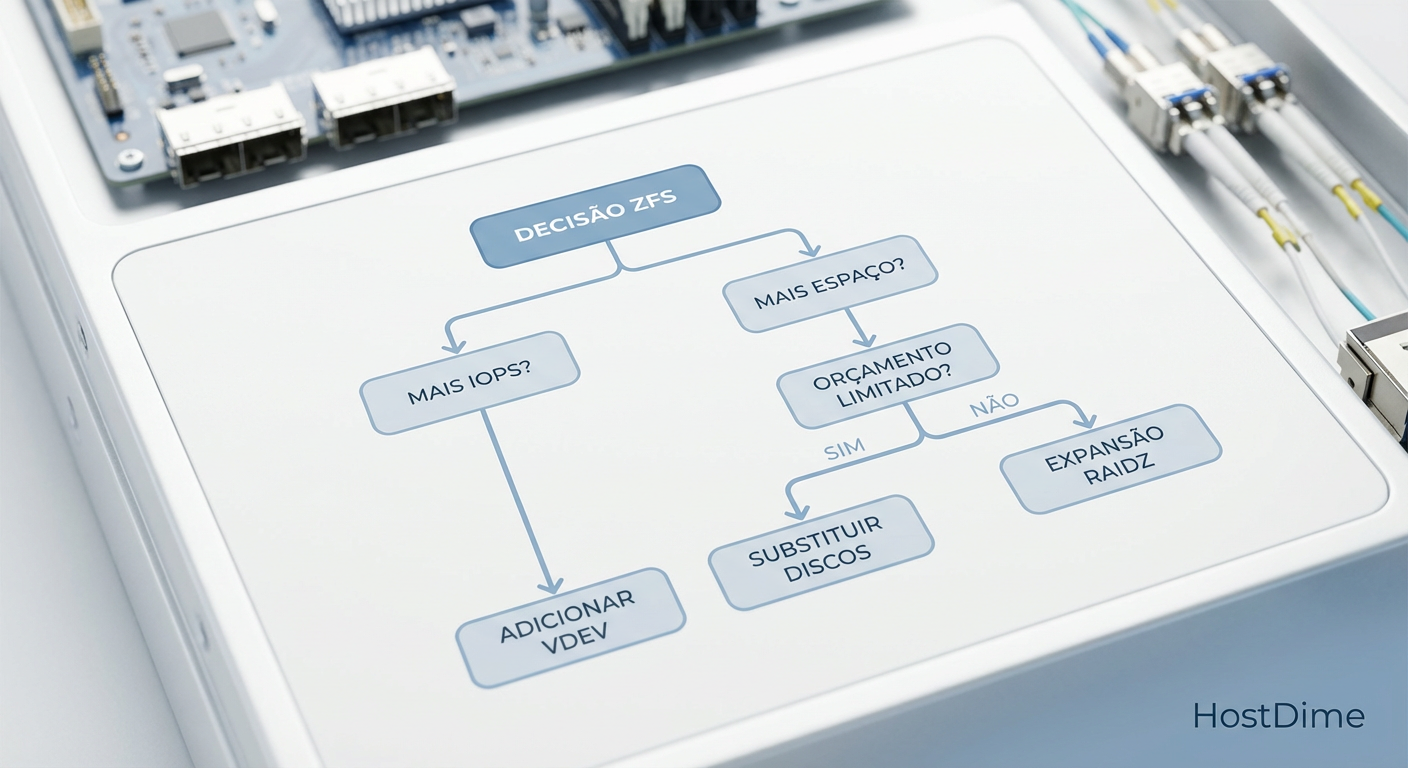 Fluxo de Decisão: Escolhendo o caminho correto para expansão de storage baseada em orçamento, necessidade de IOPS e eficiência.