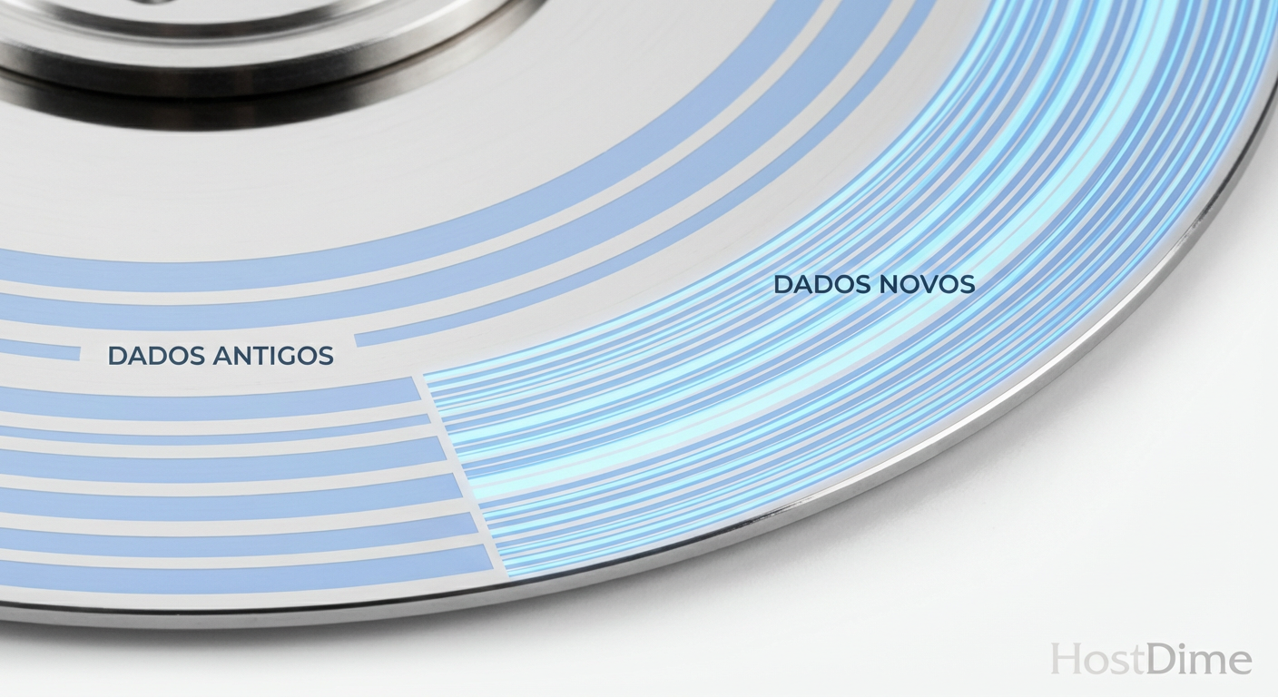 Geometria Híbrida: Dados antigos (azul claro) mantêm a proporção de paridade original, desperdiçando espaço potencial, enquanto novos dados (azul escuro) aproveitam a largura total do novo array.