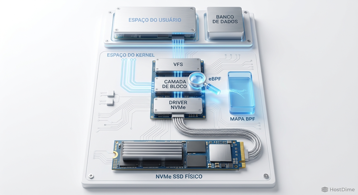 Arquitetura da pilha de storage do Linux mostrando onde o eBPF se conecta para extrair métricas de alta fidelidade.