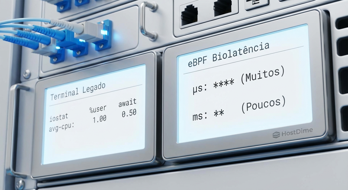 Comparação visual entre a saída plana do iostat e o histograma bimodal gerado pelo biolatency via eBPF.