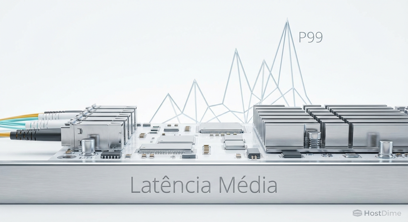 Gráfico conceitual mostrando como a linha de média esconde os picos extremos de latência de cauda.