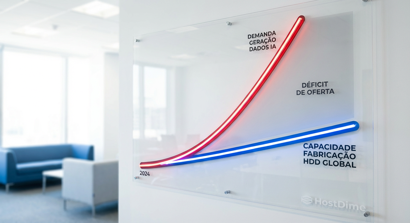 Fig. 1: O 'Gap de Storage' de 2026: A produção física de discos não acompanhou a explosão de dados sintéticos gerados por IA.