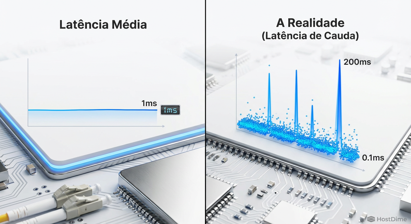 A ilusão da média: o gráfico da esquerda mostra o que o iostat vê; o da direita mostra o que a aplicação sente.