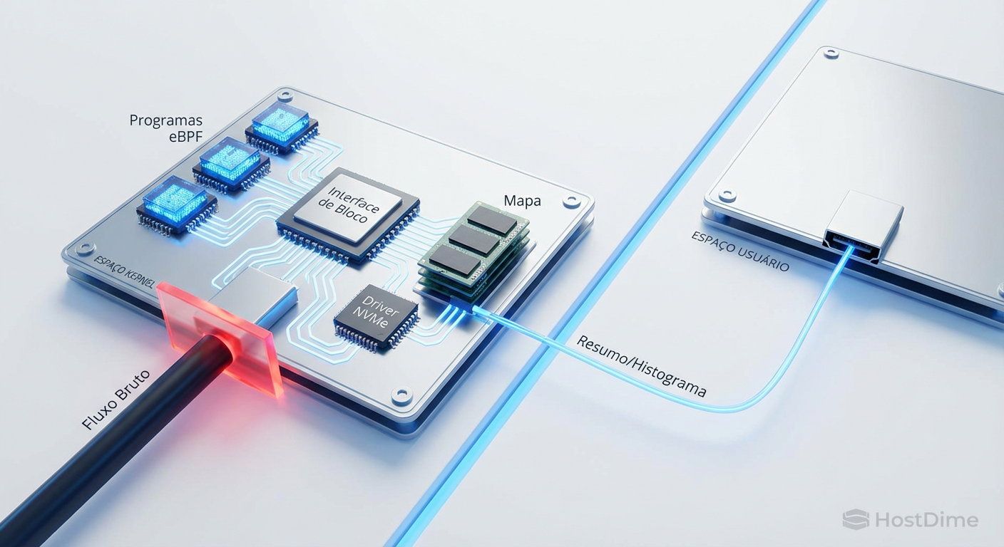 Arquitetura de observabilidade eBPF: processamento no kernel para overhead mínimo.