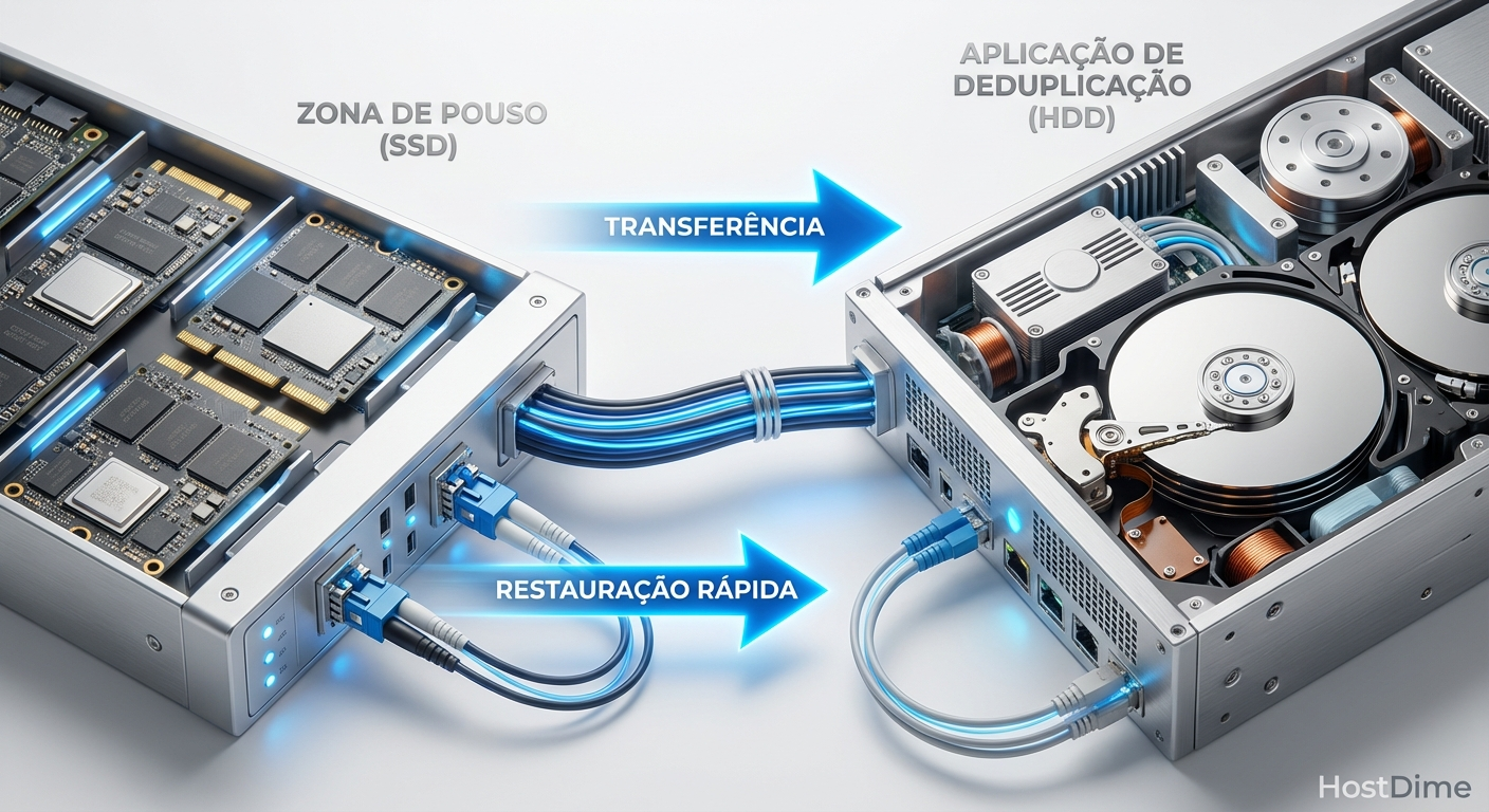 Arquitetura de duas camadas mostrando a separação entre a Landing Zone para restores rápidos e o appliance de deduplicação para retenção de longo prazo.