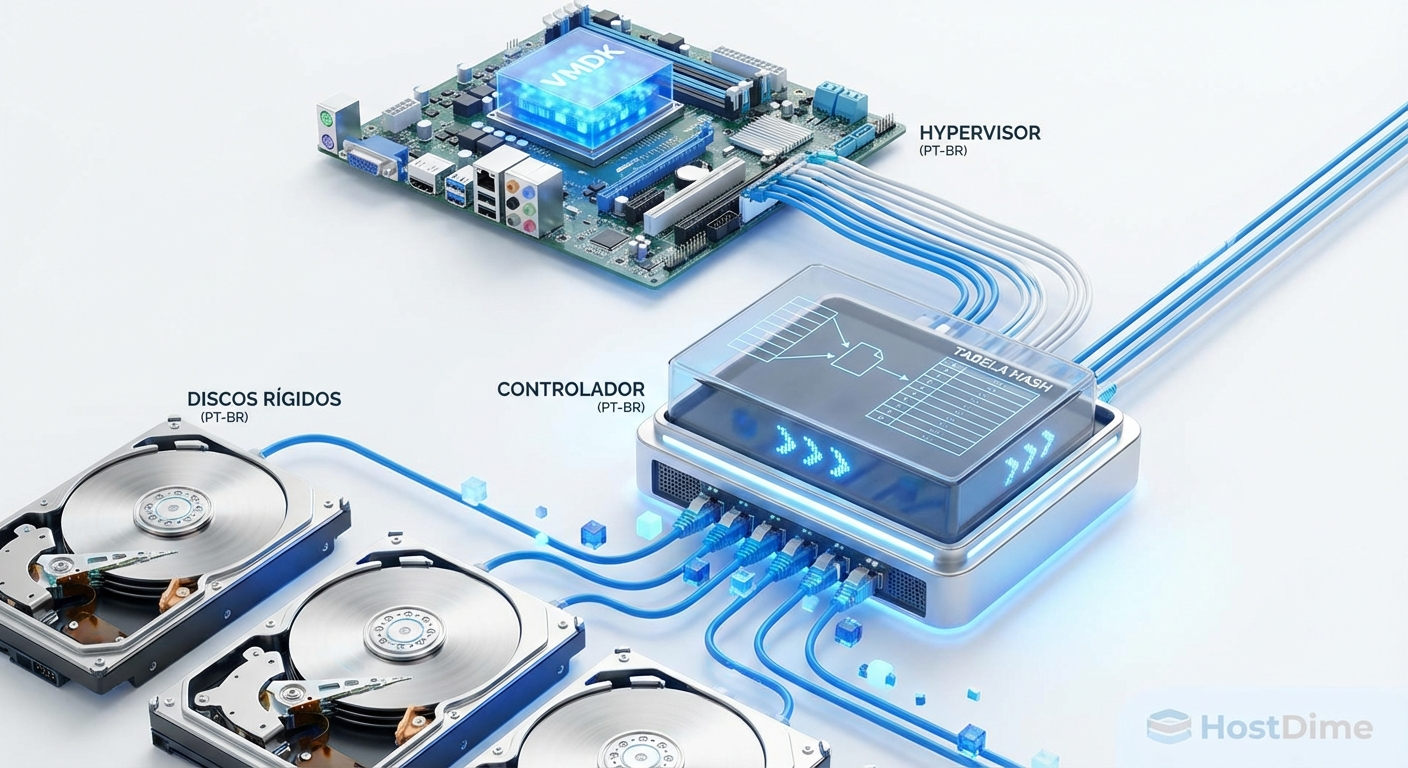 Diagrama ilustrando o processo de reidratação de dados, onde o controlador de storage busca blocos espalhados em discos físicos para remontar um arquivo de VM.