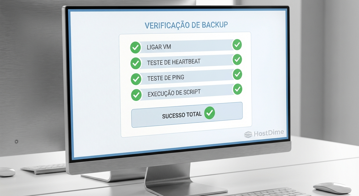 Tela de monitoramento exibindo um fluxo automatizado de testes de recuperação de desastres, validando o boot e a aplicação de uma VM.