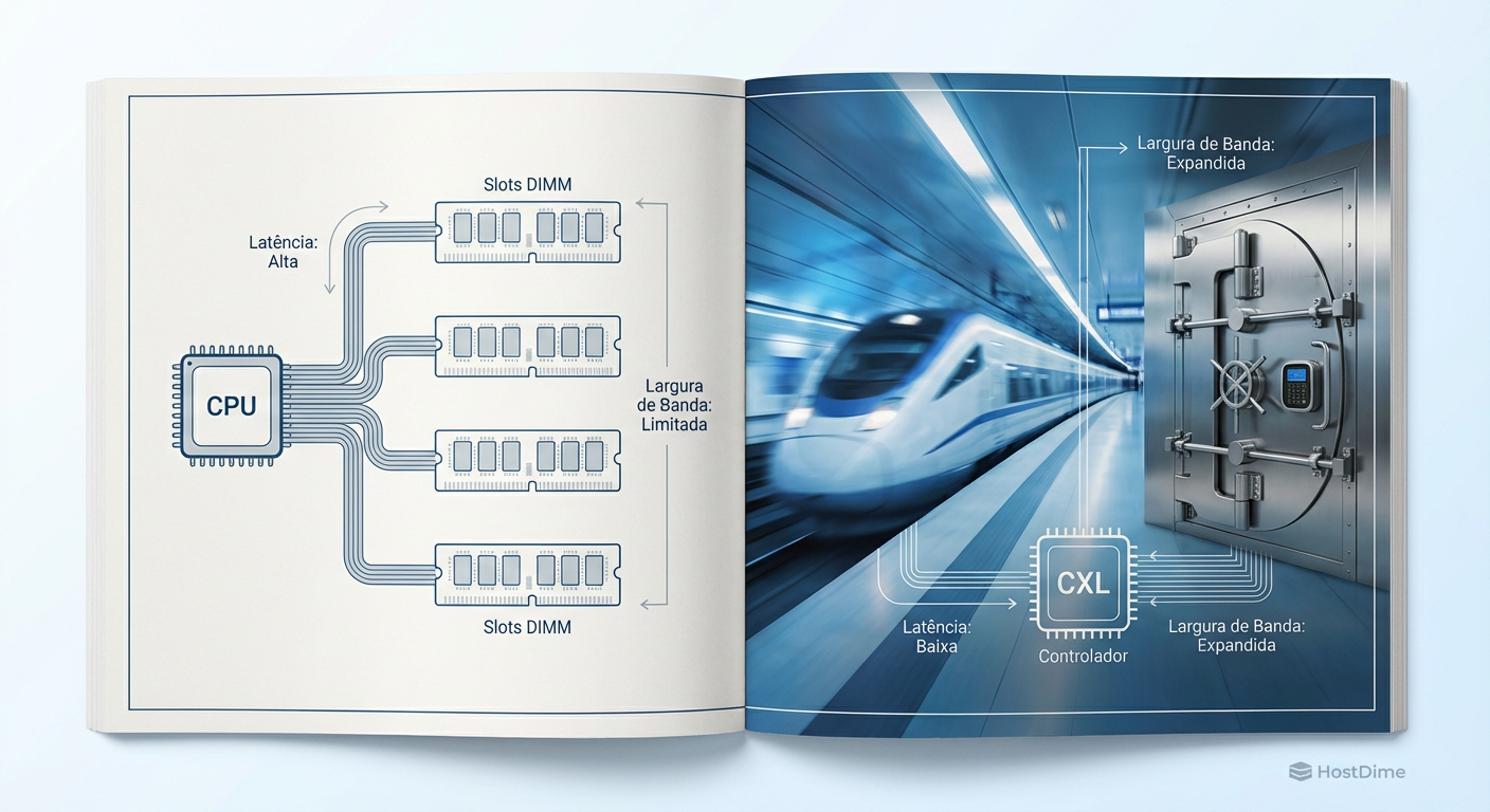 Comparativo arquitetural: A limitação física dos slots DIMM versus a expansão via barramento CXL.