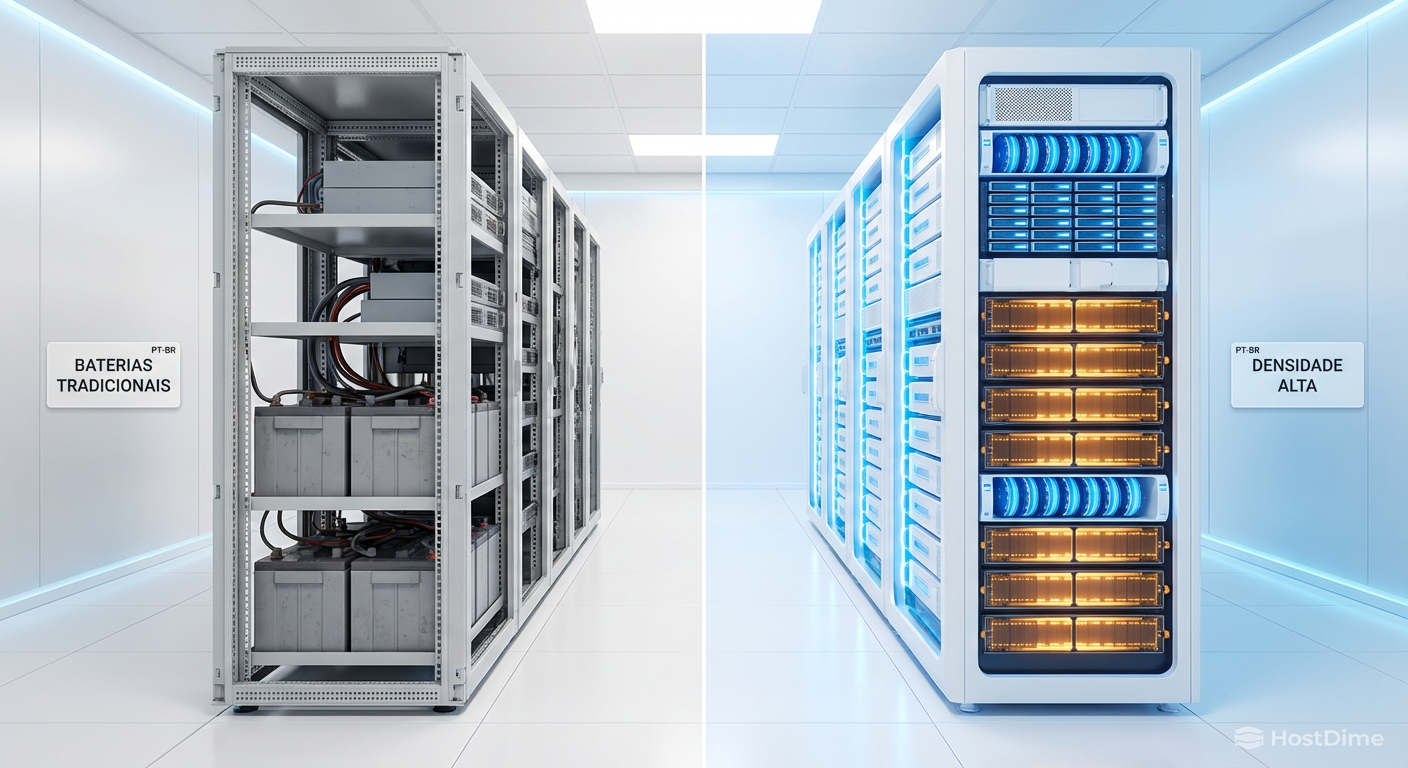 Comparativo visual: A obsolescência do chumbo-ácido versus a integração densa e térmica das novas células de sódio no rack.