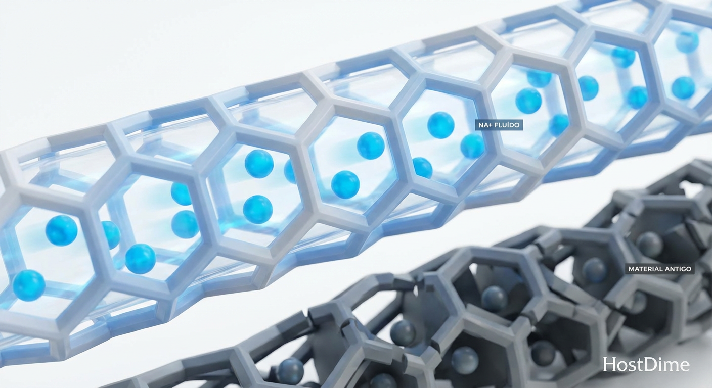 Visualização da estrutura cristalina dos COFs permitindo o fluxo desimpedido de íons de sódio, essencial para alta performance.
