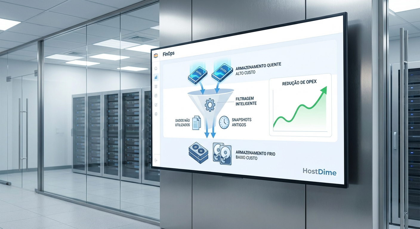Dashboard de FinOps ilustrando a migração automatizada de dados ociosos de discos NVMe caros para tiers de armazenamento frio.