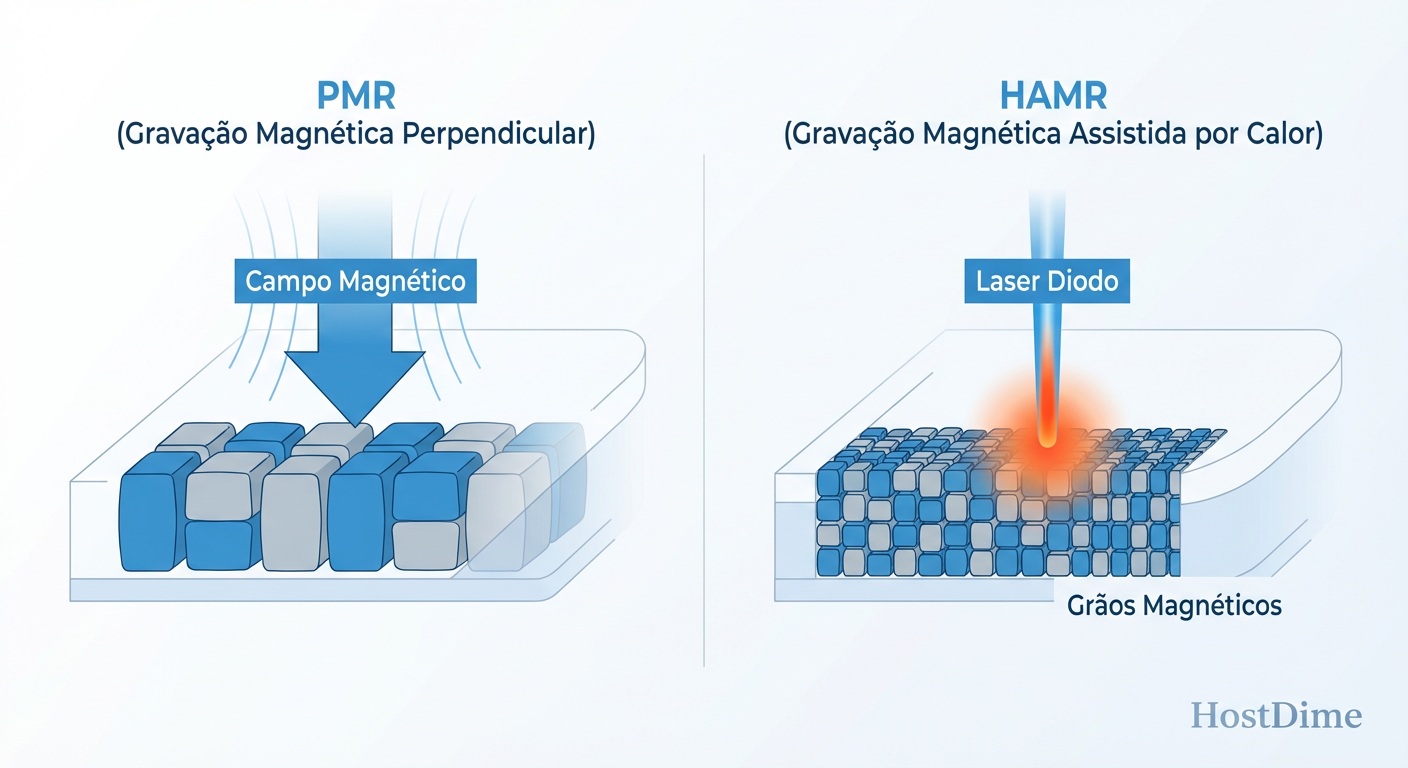 Fig 1. A física da densidade: Como o calor permite a escrita em grãos magneticamente 'duros'.