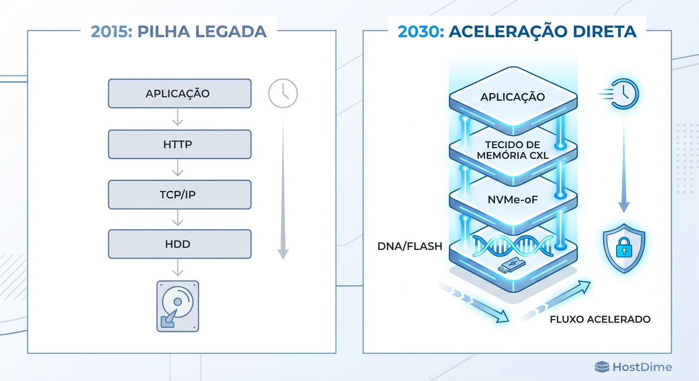 Fig 1. O Colapso da Latência: Da pilha TCP/IP lenta para a comunicação direta via memória (CXL).