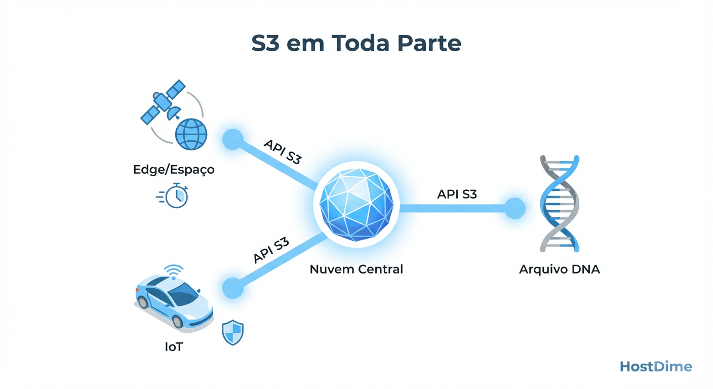 Fig 2. A Ubiquidade do Protocolo: O mesmo comando 'PUT' grava dados em satélites, carros e moléculas de DNA.