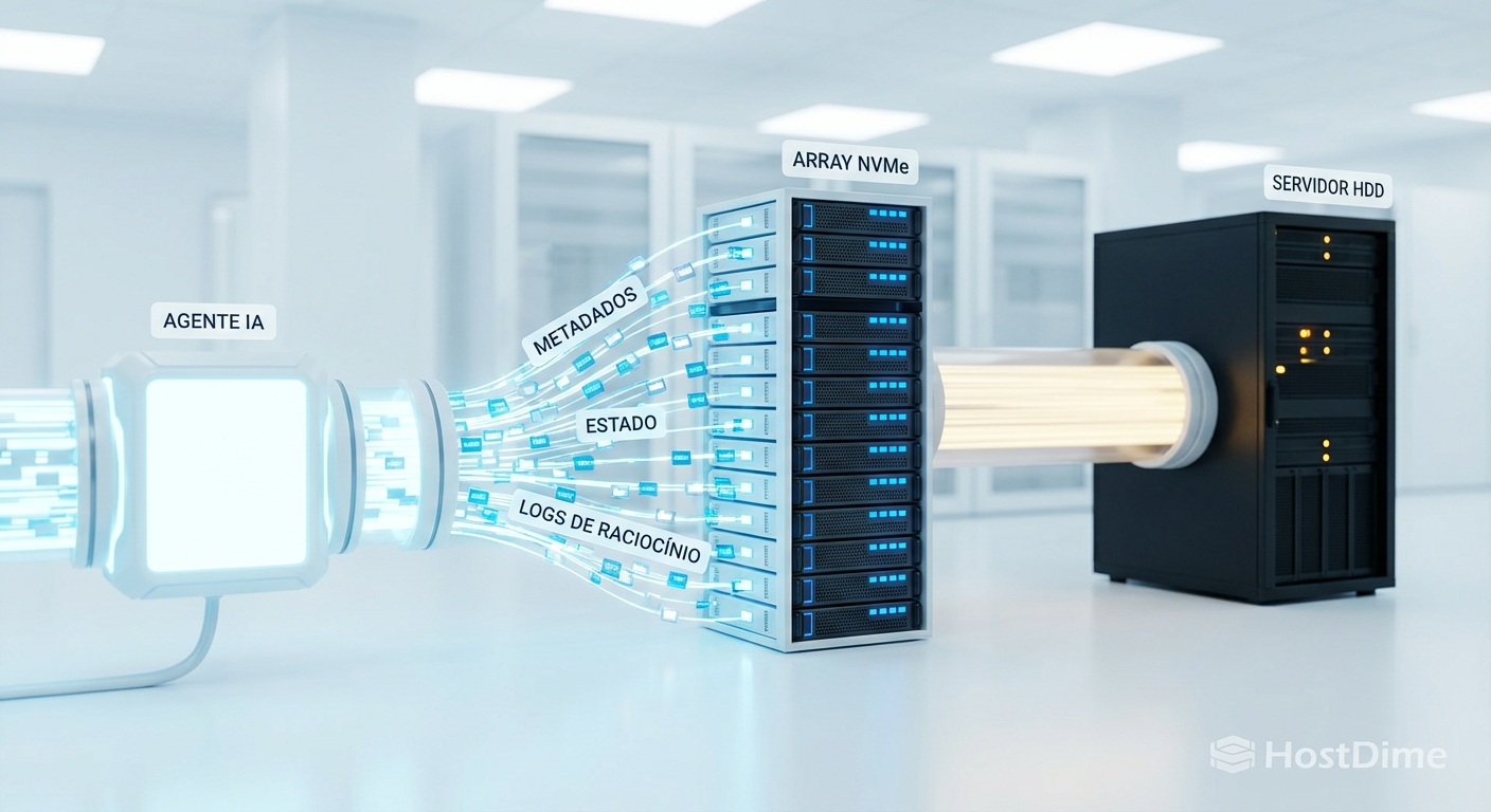Representação visual do volume de pequenos arquivos de metadados gerados por agentes autônomos em comparação ao fluxo de dados tradicional.