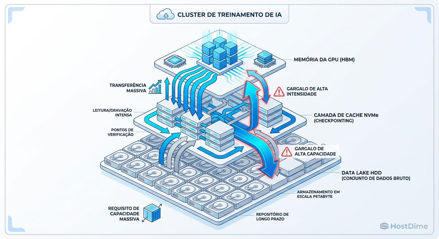O Ciclo de Vida do Dado na IA: Como o Checkpointing massivo destrói a durabilidade do NAND e infla a necessidade de HDDs.