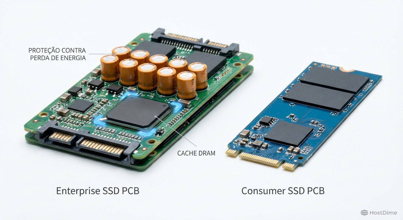 Hardware importa: A presença de capacitores e cache DRAM em SSDs Enterprise é fundamental para garantir latência determinística.