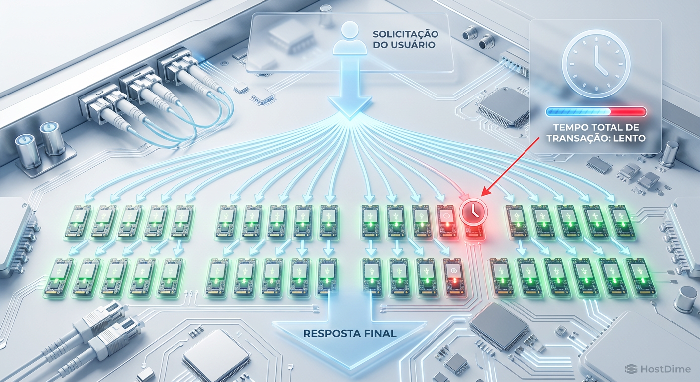 O efeito de amplificação: Como um único SSD em estado de stall (vermelho) contamina a performance de toda a transação distribuída.