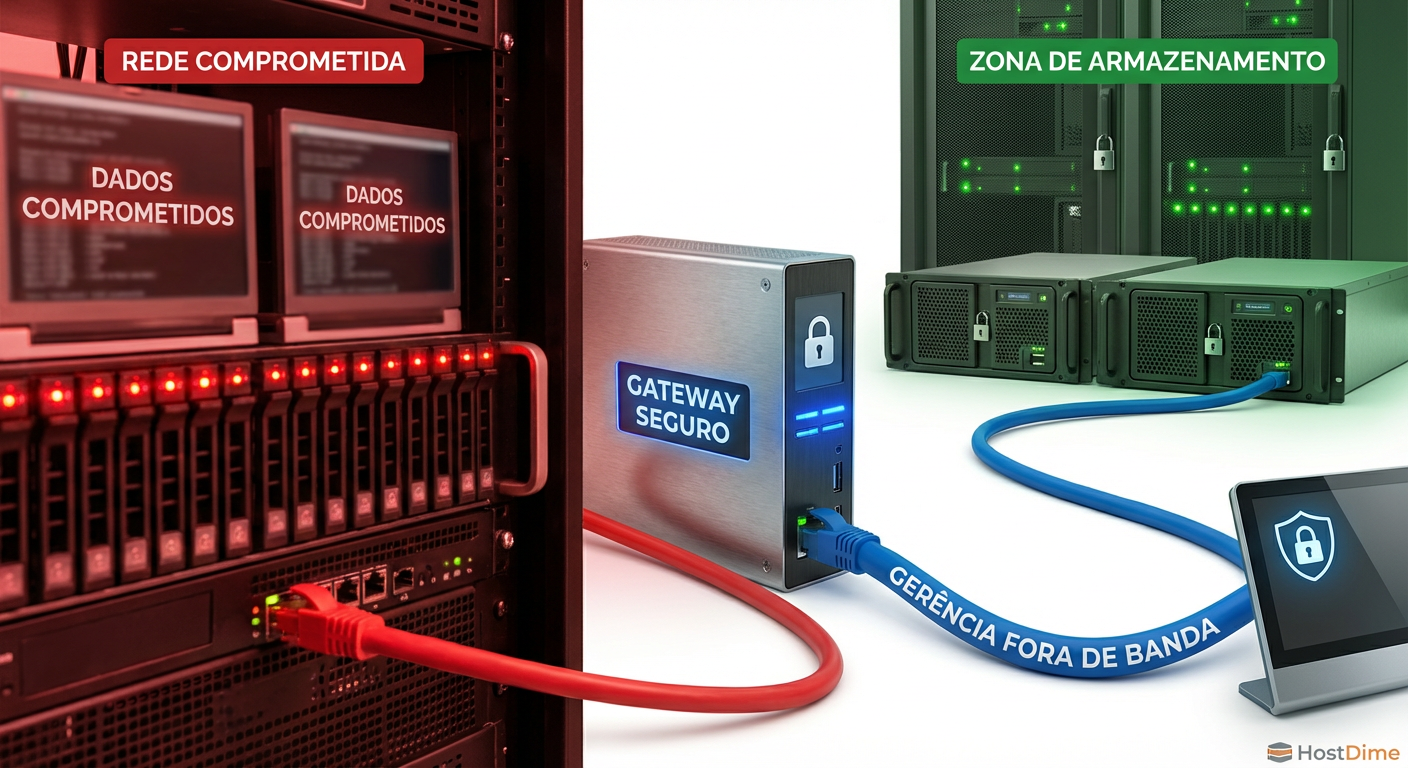 Diagrama de arquitetura de rede exibindo um Air Gap Lógico, separando a rede de produção comprometida da zona segura de storage, com destaque para a via de gerenciamento fora de banda (OOB).