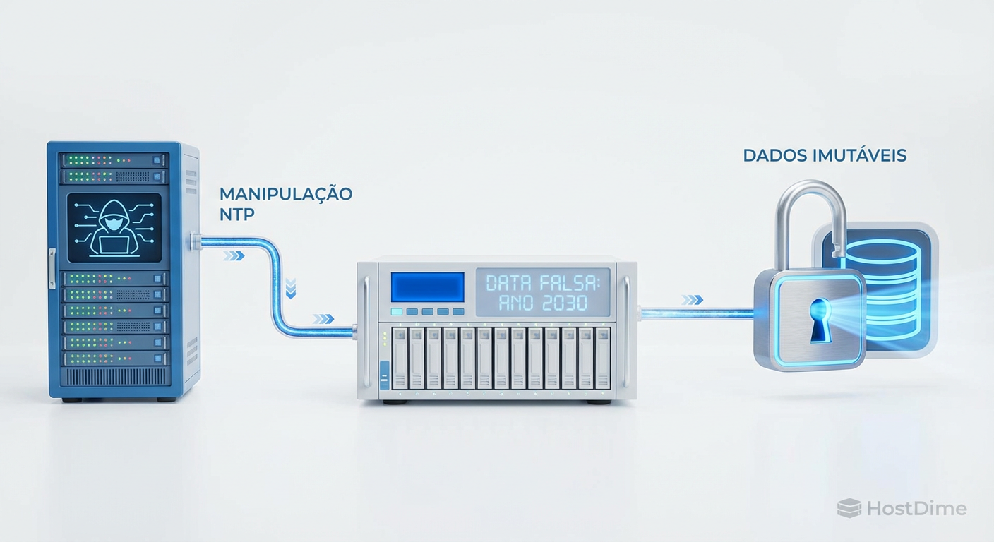 Diagrama esquemático ilustrando o ataque de Time-Jacking onde a manipulação do NTP engana a política de retenção do storage.