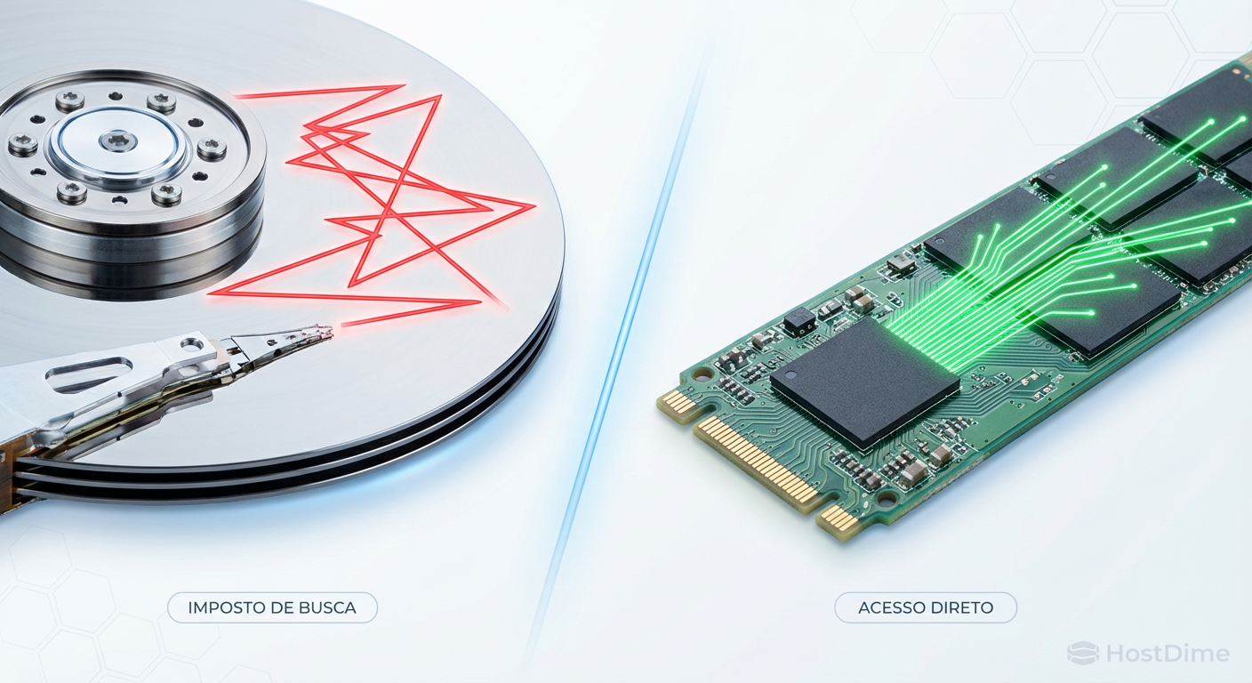 Fig 1. O 'Imposto de Busca': A diferença física entre varrer metadados em pratos giratórios versus acesso direto em flash.