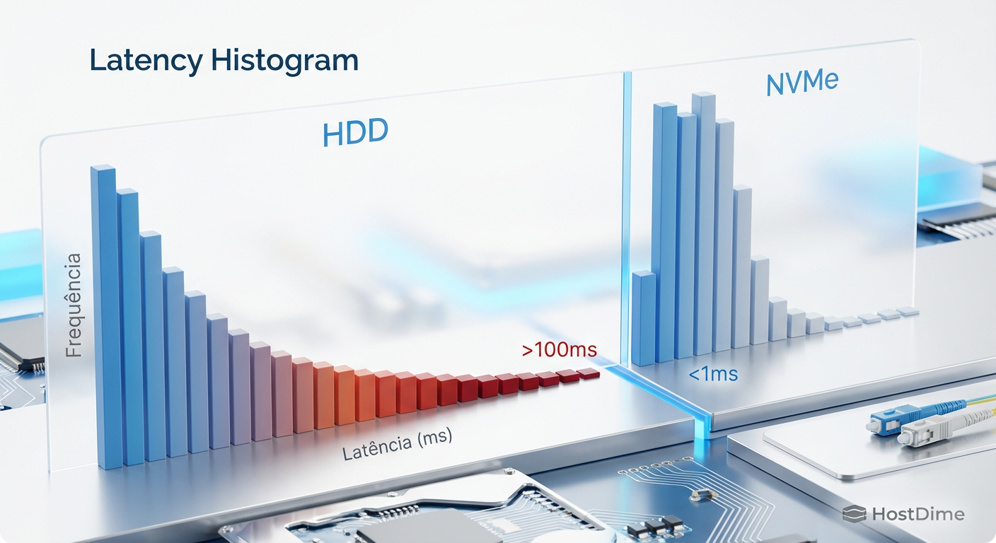 Fig 3. Histograma de Latência: A eliminação da 'cauda longa' (p99) após a migração de metadados para flash.