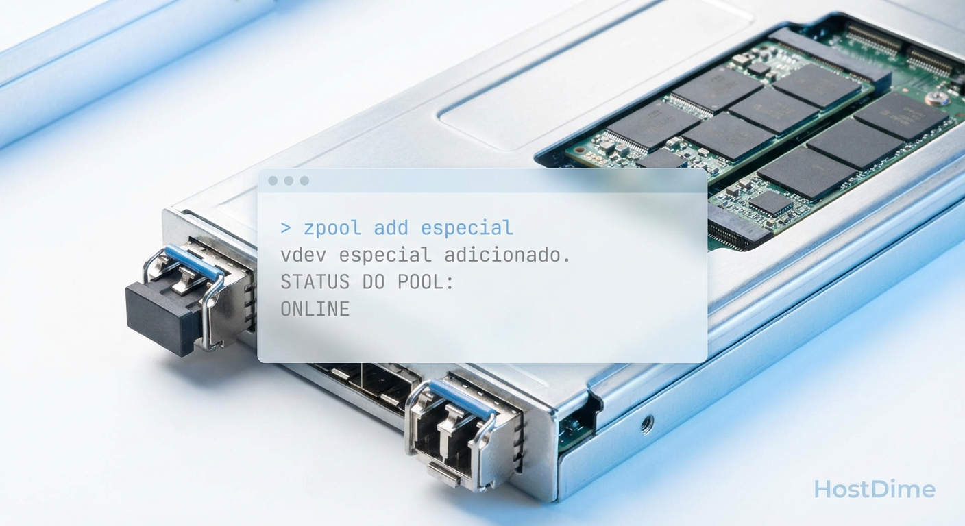 Captura de tela simulada do terminal mostrando o comando de adição do vdev especial e o status do pool resultante.