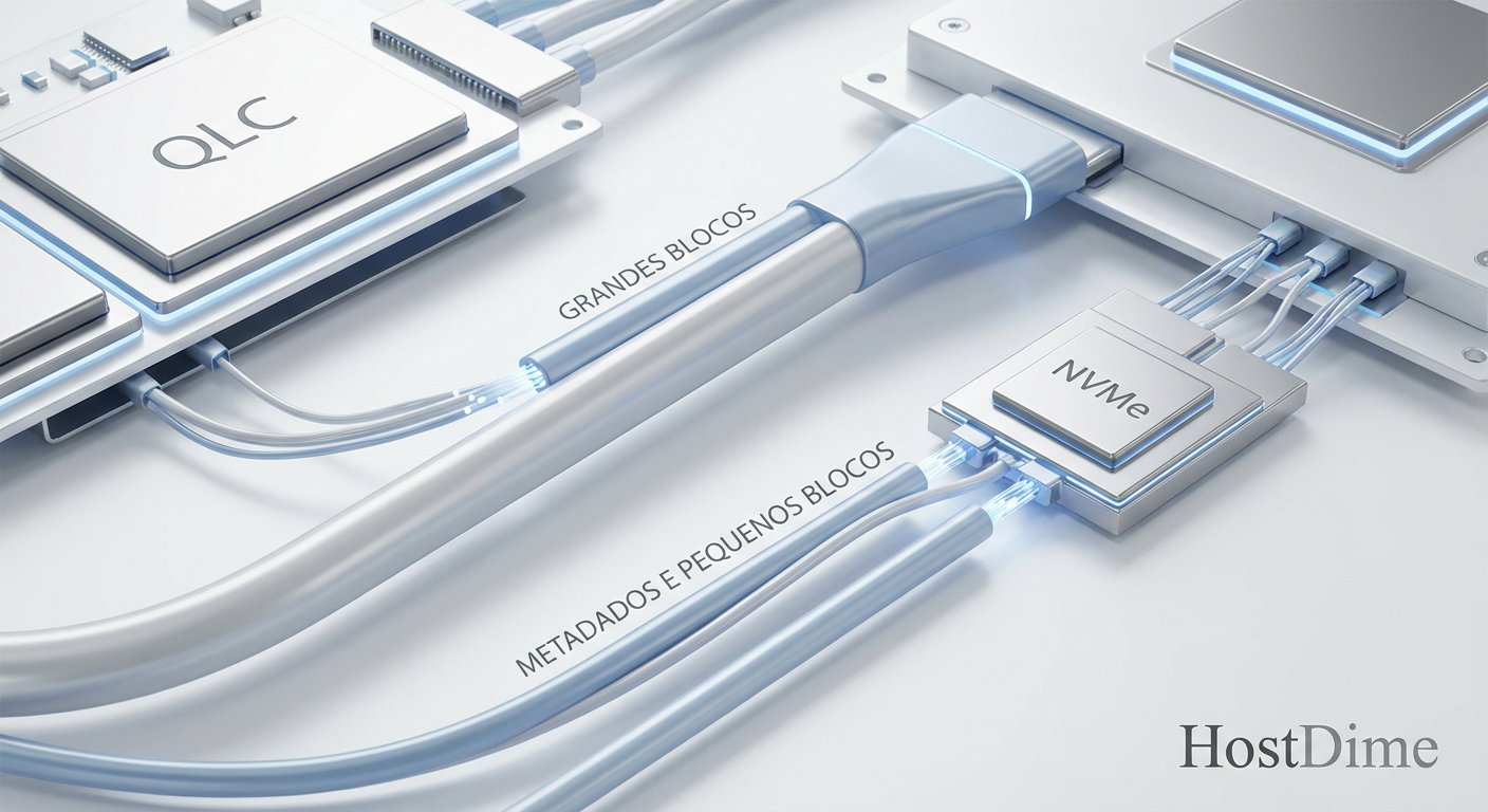 Diagrama lógico separando o fluxo de dados: grandes blocos vão para o QLC, metadados e pequenos blocos vão para o NVMe.
