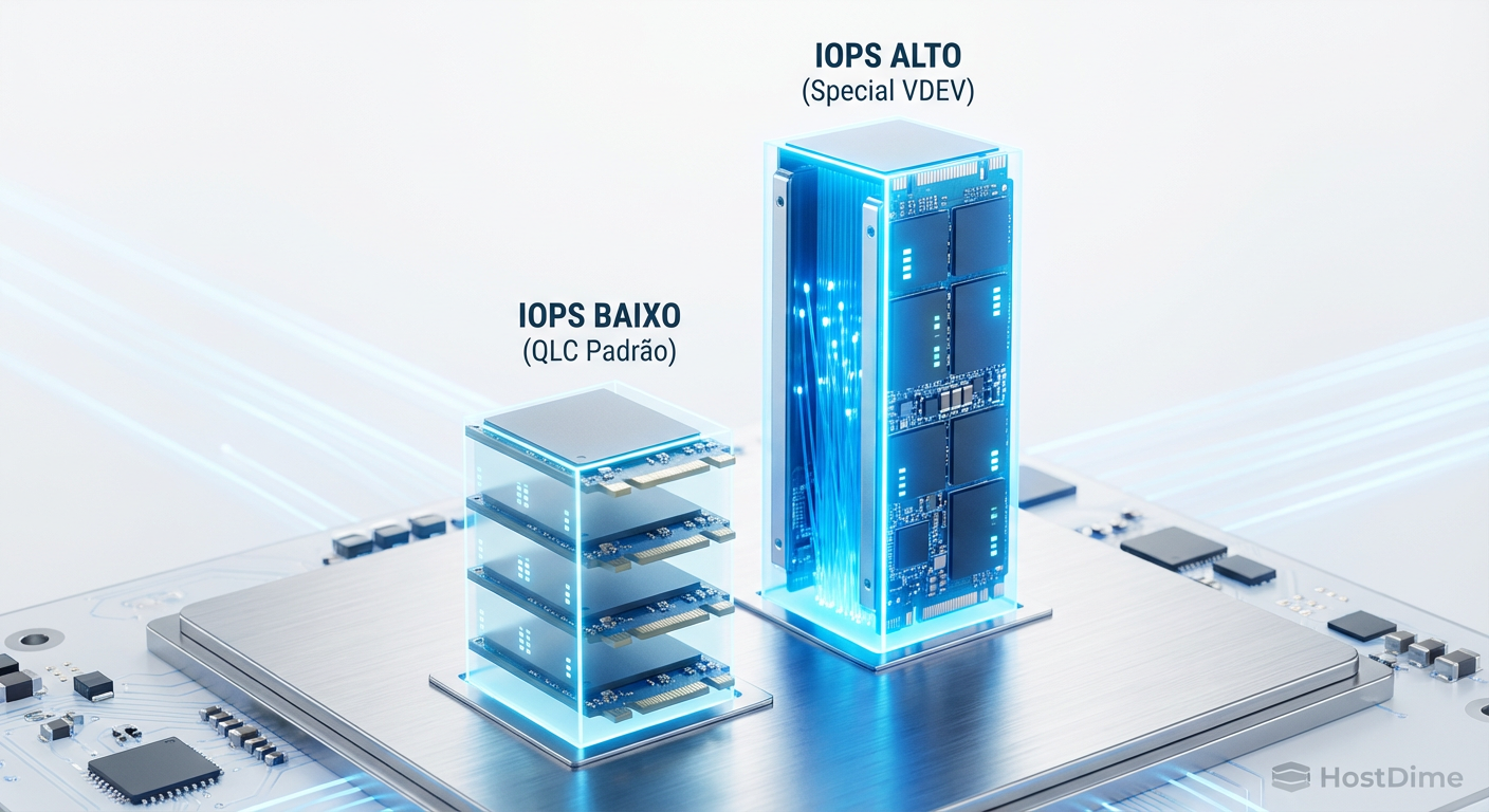 Gráfico de barras comparando IOPS de escrita randômica: Pool QLC Padrão (baixo) vs. Pool com Special VDEV (alto).