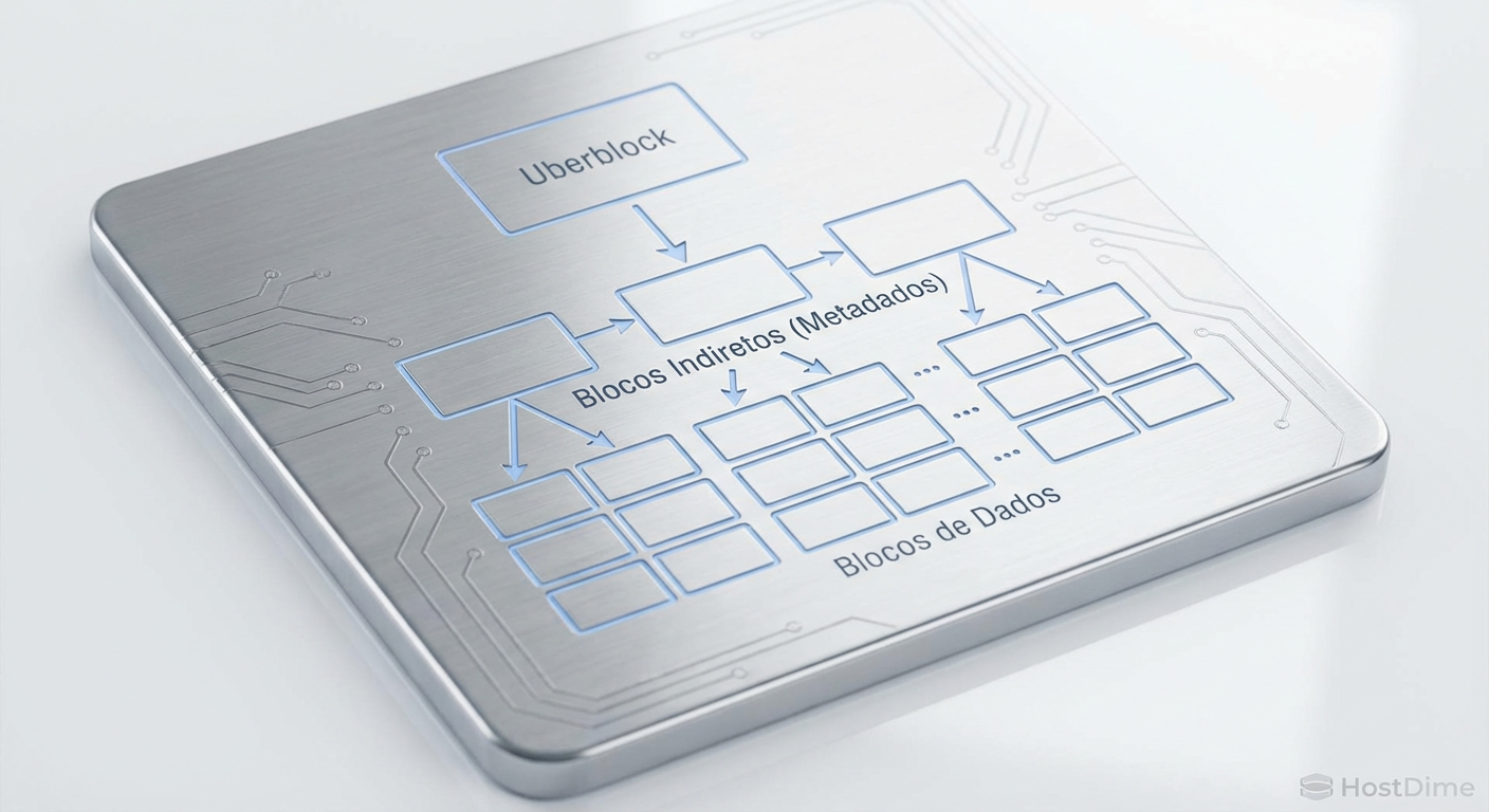 Fig. 1: A árvore de Merkle do ZFS. Para ler um dado, o disco precisa buscar e ler múltiplos níveis de metadados antes.