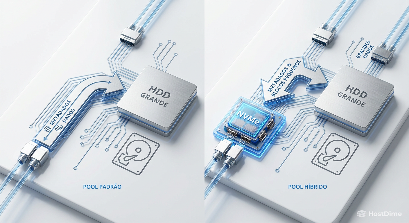 Fig. 2: Segregação física de I/O. O Special VDEV absorve o ruído aleatório, deixando os HDDs livres para throughput sequencial.