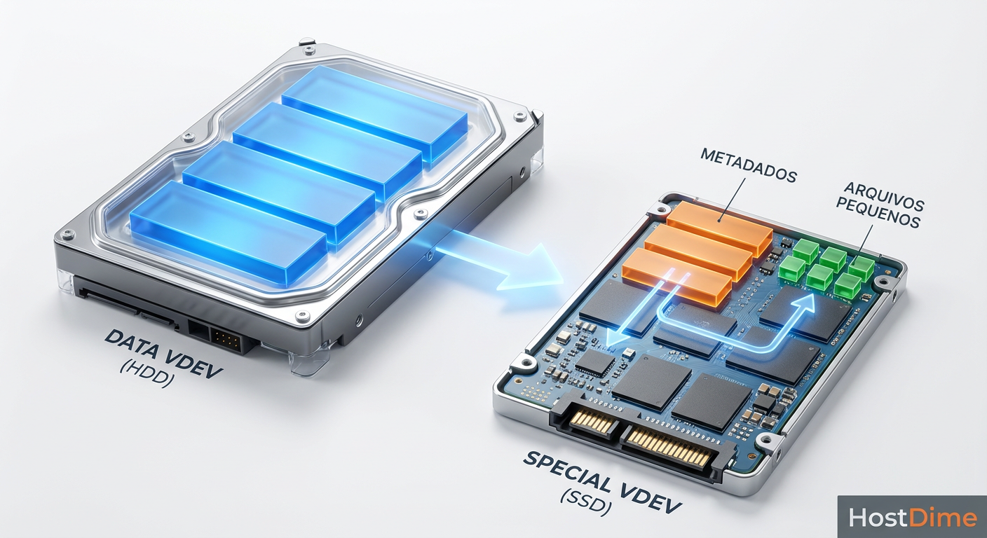 Fig. 1: A separação física de dados: metadados e arquivos pequenos residem no flash, enquanto blocos grandes ficam nos discos rotacionais.